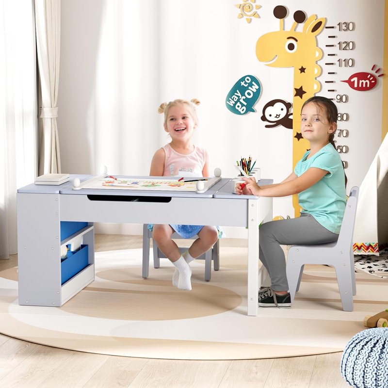 Kids Art Table and Chair Set with Storage & Easel, Craft & Activity Desk