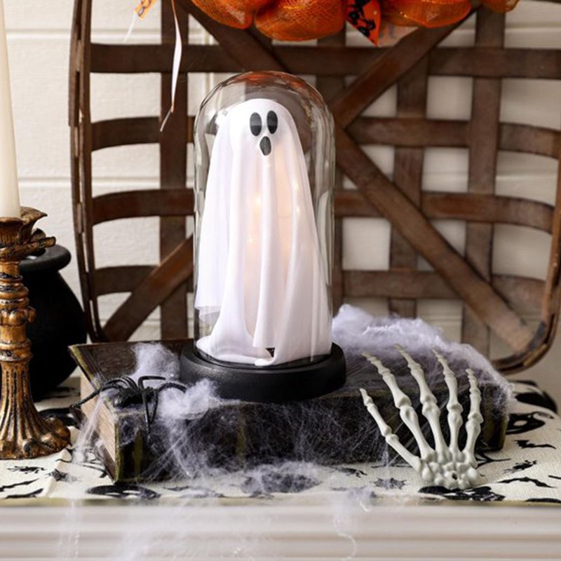 Halloween Ghost Cloche Night Light Fabric Ghost Lamp with Glass Dome - Spooky Mantel Decor