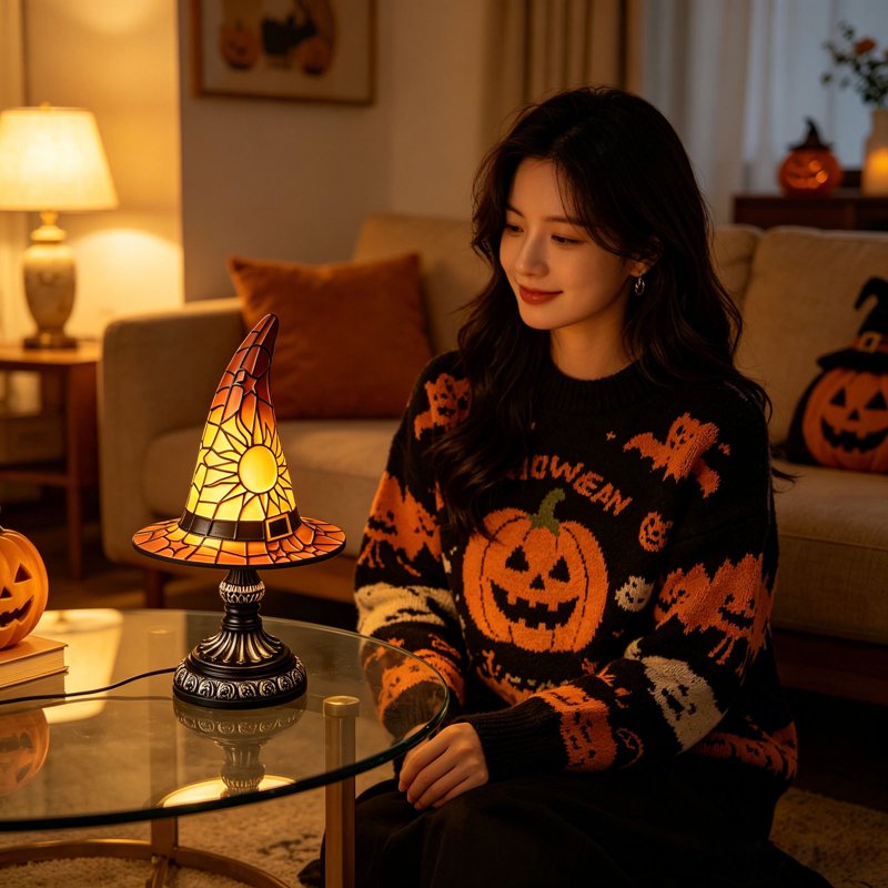 Halloween Witch Hat Lamp Tiffany-Style Night Light Decorative Table Lamp