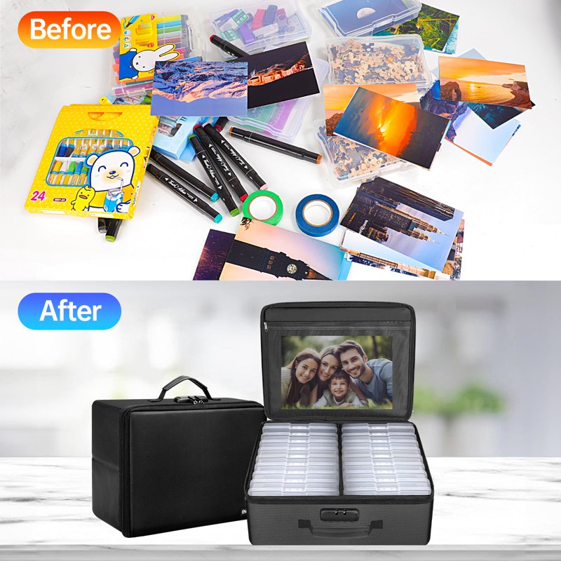 Fireproof Photo Storage Box with Lock and 18 Photo Cases - 4x6 Inch Organizer for Photos, Documents, Valuables
