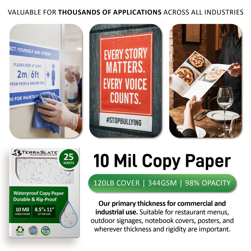 Waterproof Laser Printer Copy Paper 8.5x14 Legal Size 10 Mil 120lb, 25 Sheets