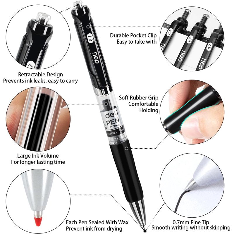 Deli 50-Pack Retractable Gel Pens, 0.7mm Black Ink, Smooth Fast-Dry, Leak-Proof