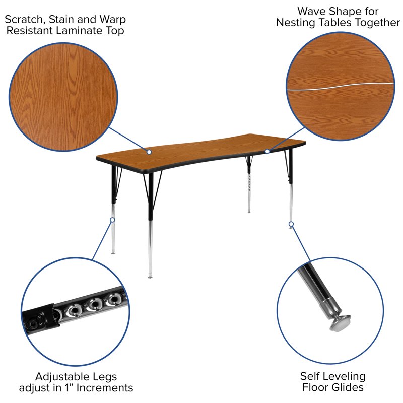 Collaborative Wave Activity Table - 26x60 Inches, Adjustable Legs, Thermal Laminate Top