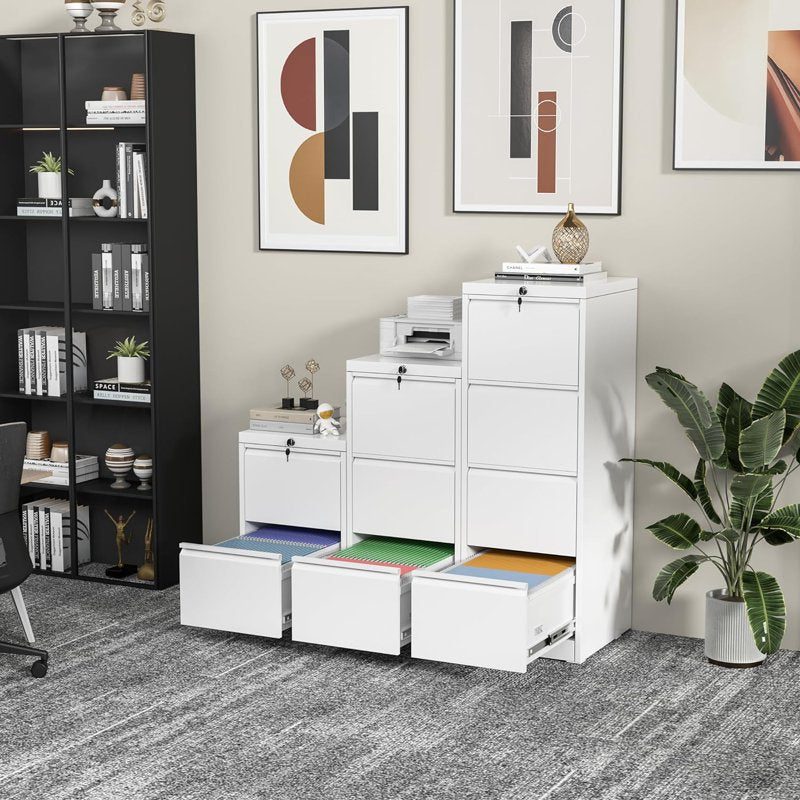 Vertical Lockable Filing Cabinet with Adjustable Hanging Frames - White Metal Office Storage