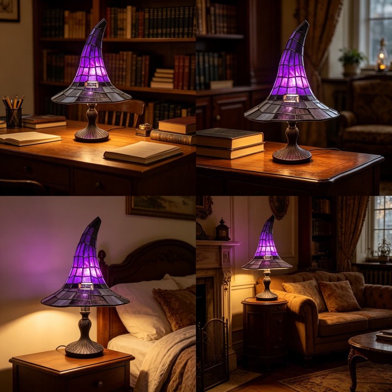 Halloween Witch Hat Lamp with LED Night Light - Gothic Decor for Shelf & Mantel