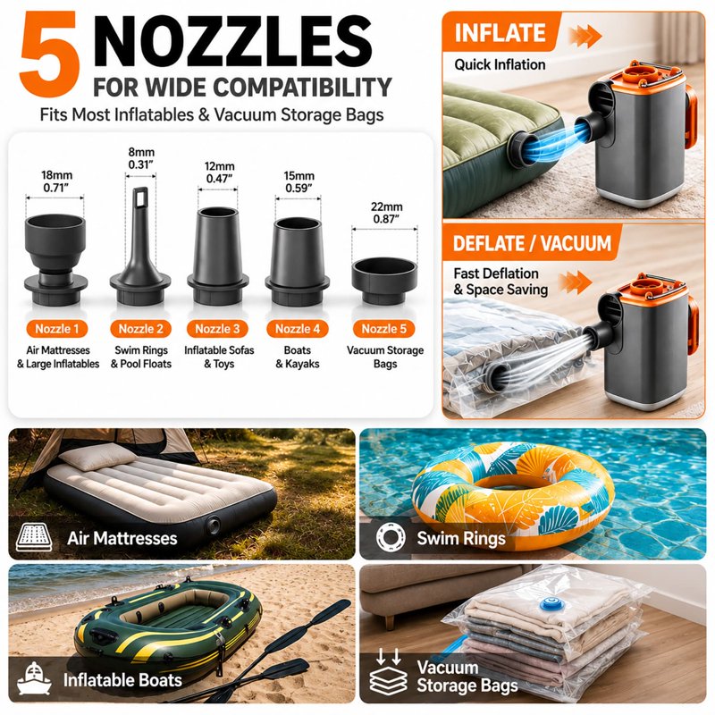 Portable Air Pump for Inflatables with Nozzles, Rechargeable Camping Light