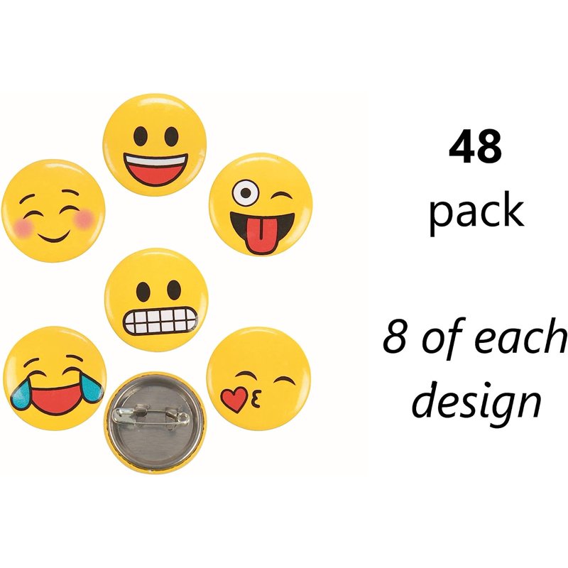 Emoji Button Pins - Party Favors, 48 Pieces, Metal, 1 Inch