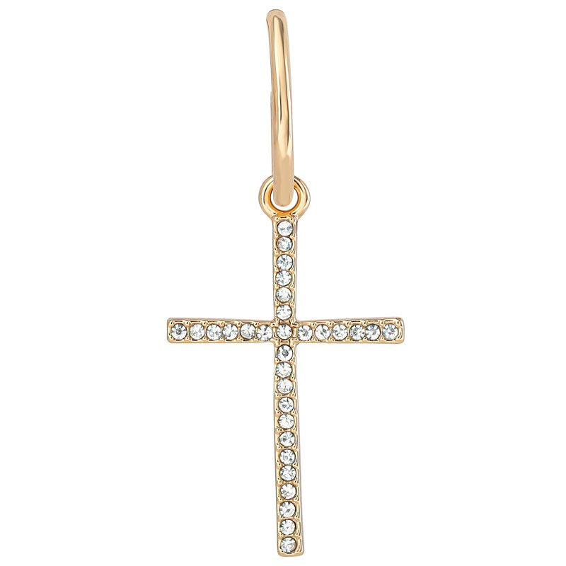 Women's Drop Hoop Earrings with Rhinestone Cross Pendant - Gold Tone