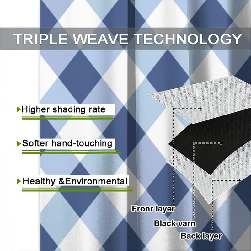 Plaid Curtain Set - Dark Blue & White Checkered Insulated Window Drapes, 2 Panels, 42 x 54 Inches