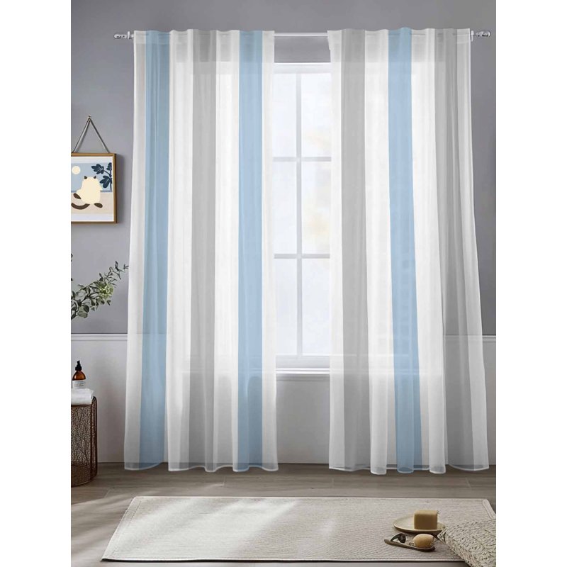 Semi Sheer Curtains 96 Inch Length - Modern Farmhouse Vertical Striped Window Drapes, 2 Panels Set