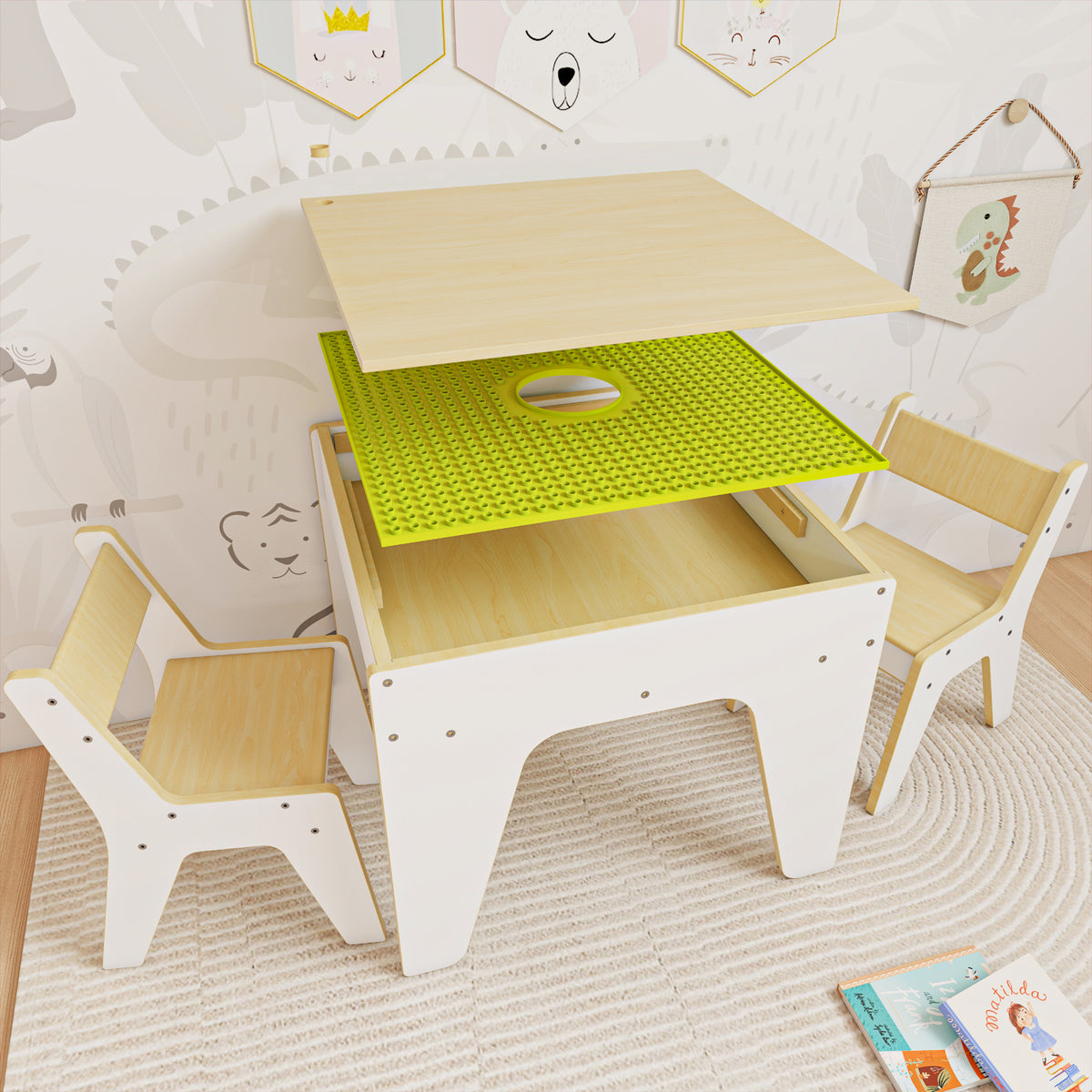 Kids Reversible Wooden Activity Table & Chair Set with Storage and Building Blocks