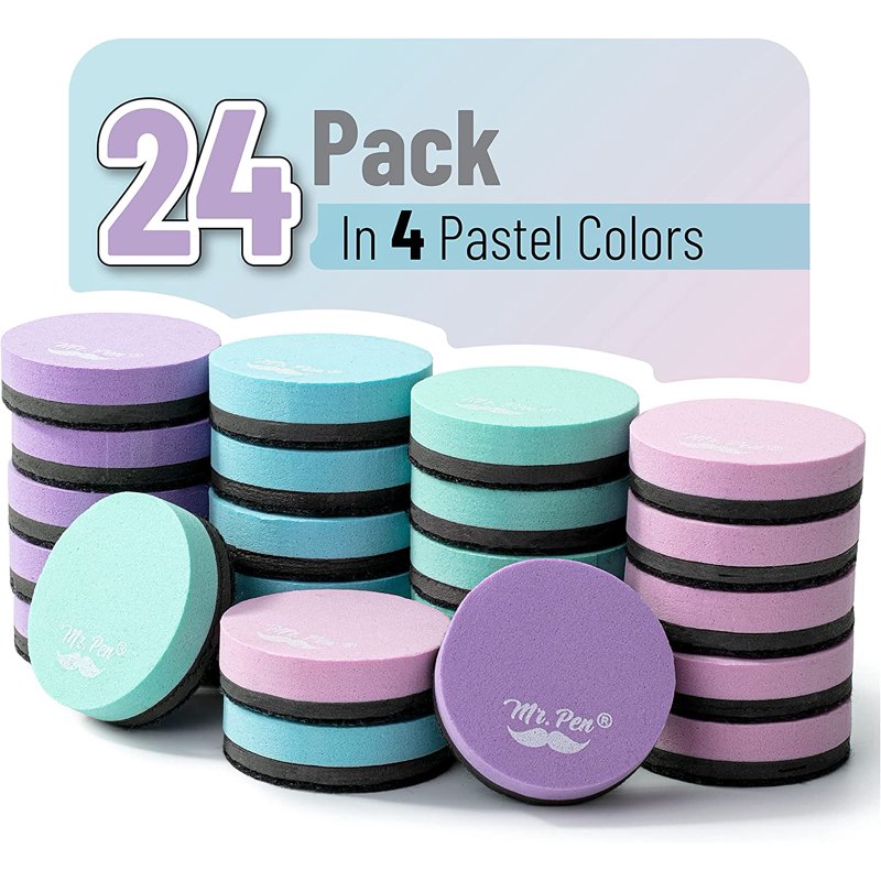 Mini Magnetic Dry Erase Whiteboard Erasers 24 Pack - Pastel Colors, Round