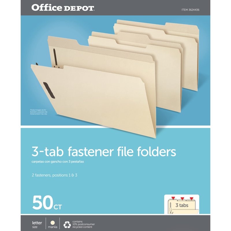 Reinforced Manila Folder with Embossed Fasteners - Letter Size, 50 Pack