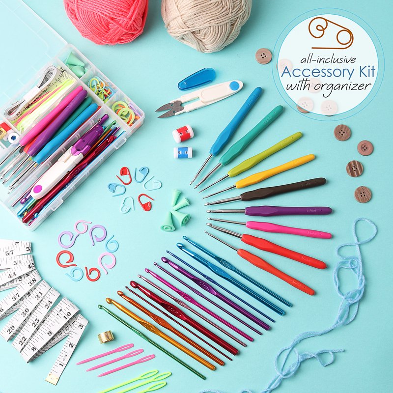 Crochet Craft Kit for Beginners - 75 Yards Yarn, Hooks, Accessories & Storage