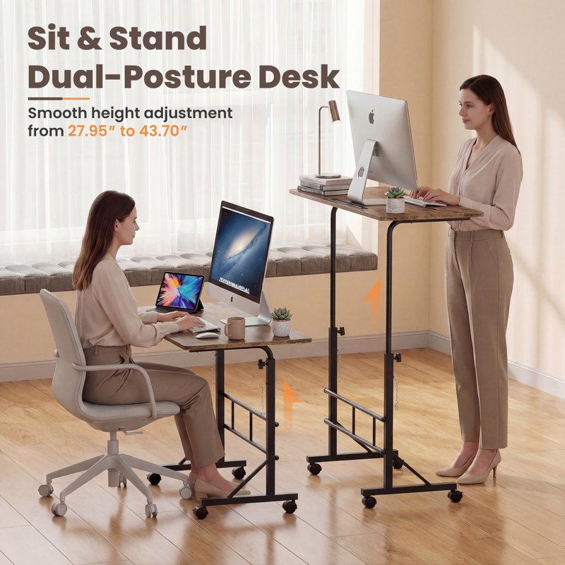 Height Adjustable Mobile Standing Desk with Wheels for Home Office
