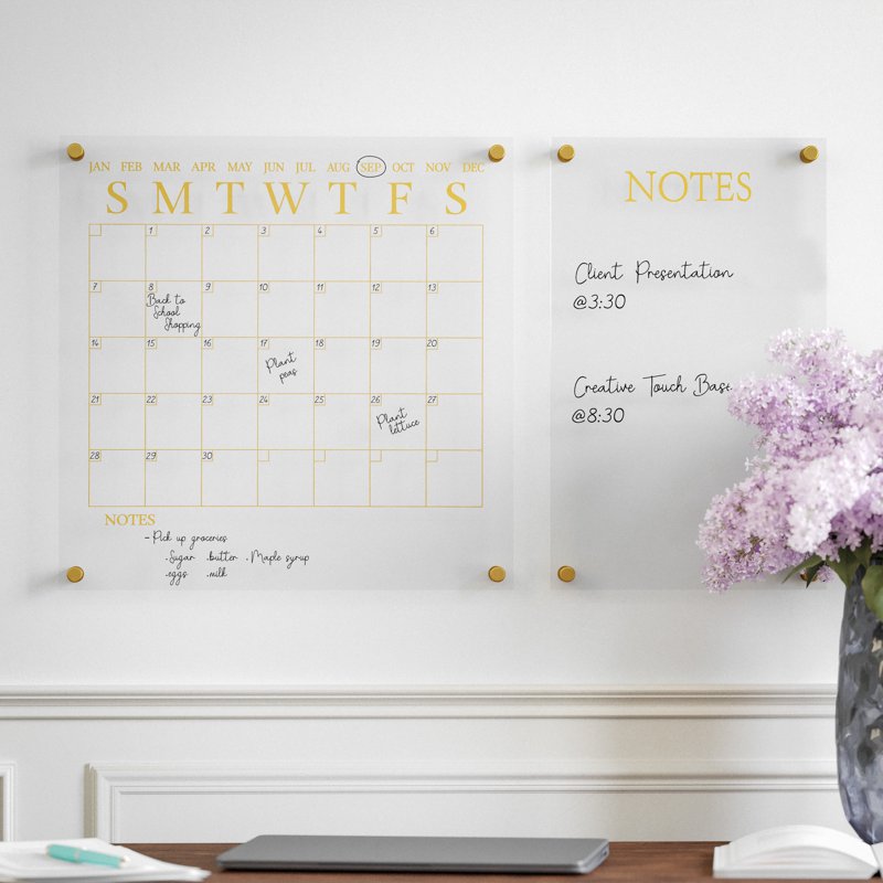 Acrylic Wall Calendar and Notes Board Set with Dry Erase Marker - Clear with Gold Print