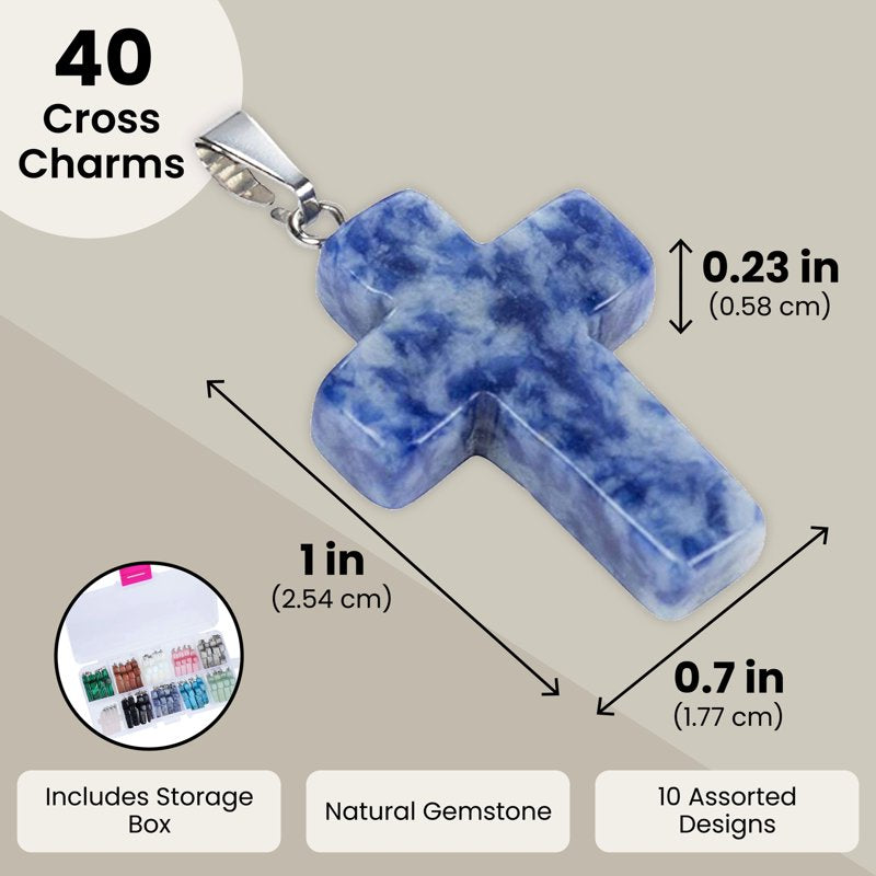 Gemstone Cross Charms Jewelry Making Kit - 40 Assorted Pendants & Storage Case
