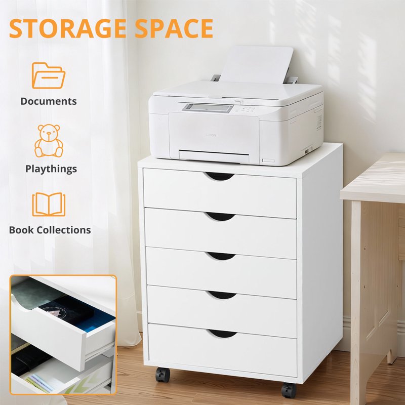 Mobile File Cabinet & Storage Cart - 5 or 7 Drawers, Wood & Steel Frame