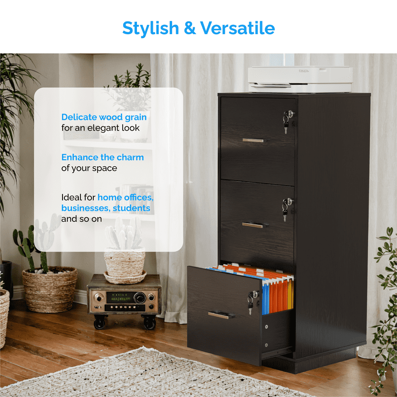 Wood 3-Drawer Lockable File Cabinet for Home Office - Black