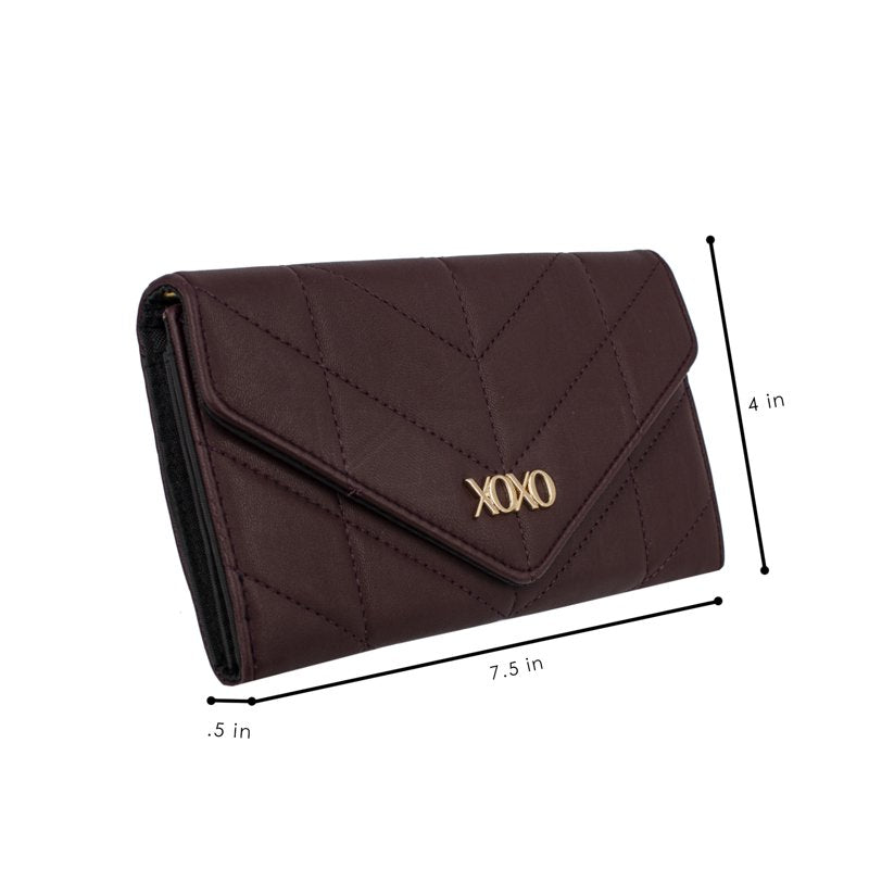 Women's Vegan Leather Quilted Fold Wallet with Crossbody Chain - Wine