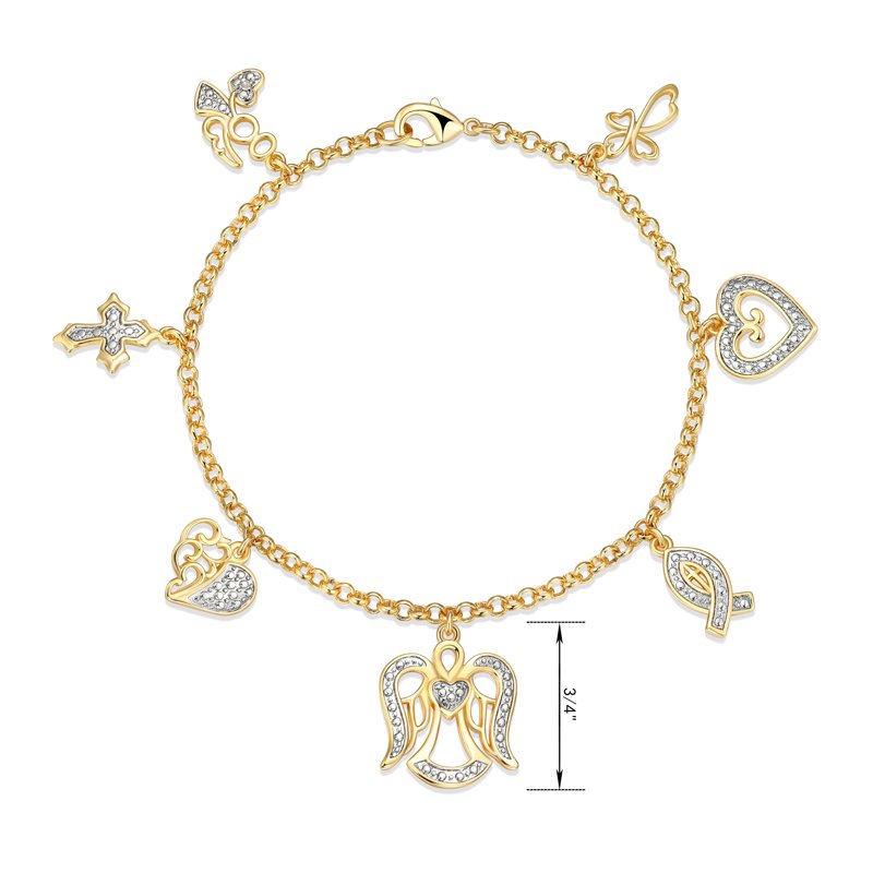 Diamond Charm Bracelet Set in 14K Gold Plated Brass, 7.25 Inch Women’s Jewelry