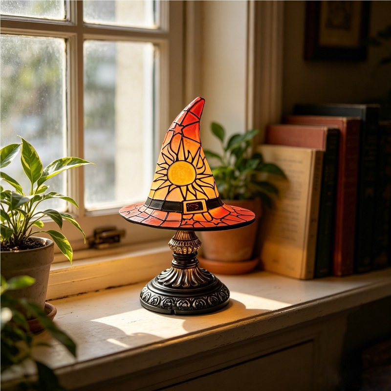 Halloween Witch Hat Stained Glass Lamp - Table Decor & Accent Lighting