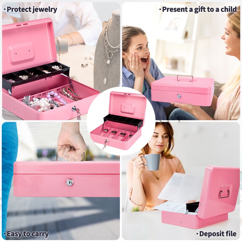 Metal Piggy Bank with Key Lock and Money Tray - Secure Cash and Jewelry, Pink & Black