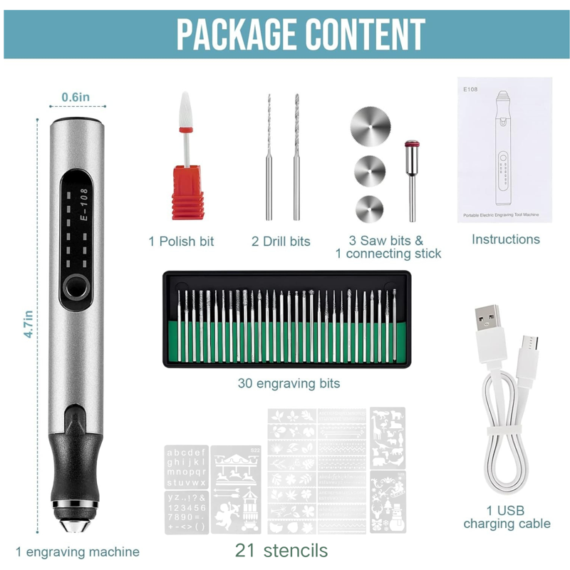 Electric Engraving Pen with 37 Bits - Portable Cordless Rotary Engraver for Jewelry Wood Glass Stone