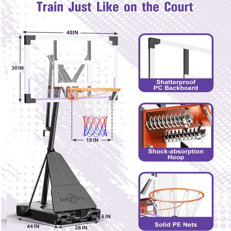 Portable Adjustable Basketball Hoop 48 Inch Backboard for Kids Teens Adults