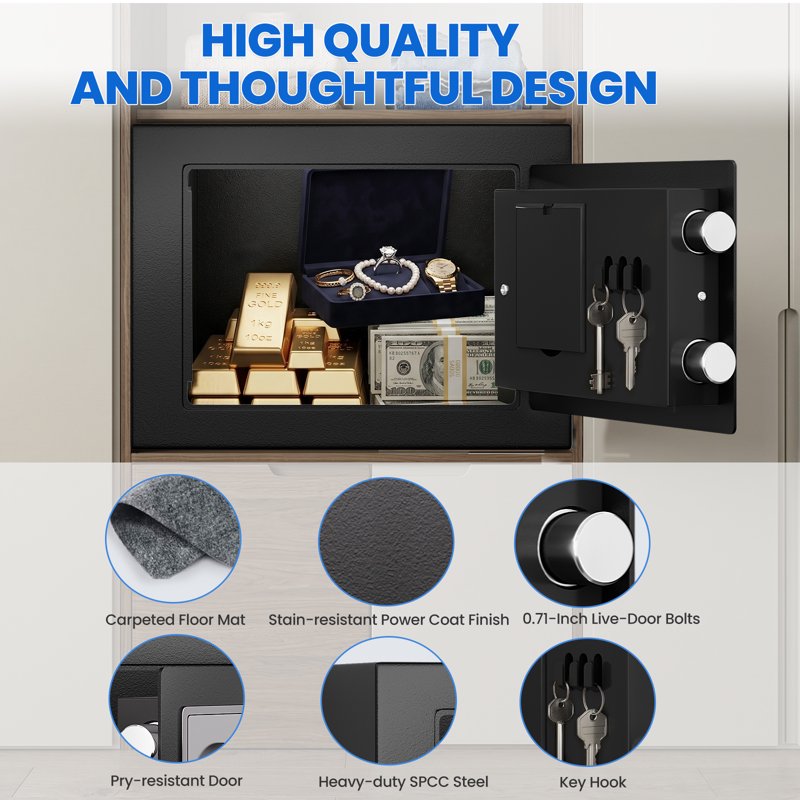 Mini Digital Safe Box with Keypad and Emergency Key, 0.23 Cub for Jewelry Cash & Valuables