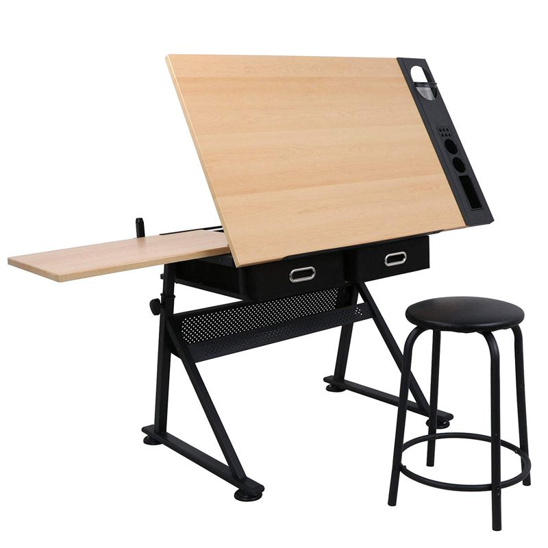 Adjustable Height Drafting Table with Stool and Drawer - Art & Drafting Desk, Black