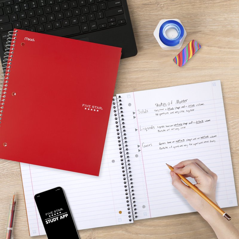 5 Subject Spiral Notebook with Study App, Wide Ruled, 8x10.5 Inches, Fire Red