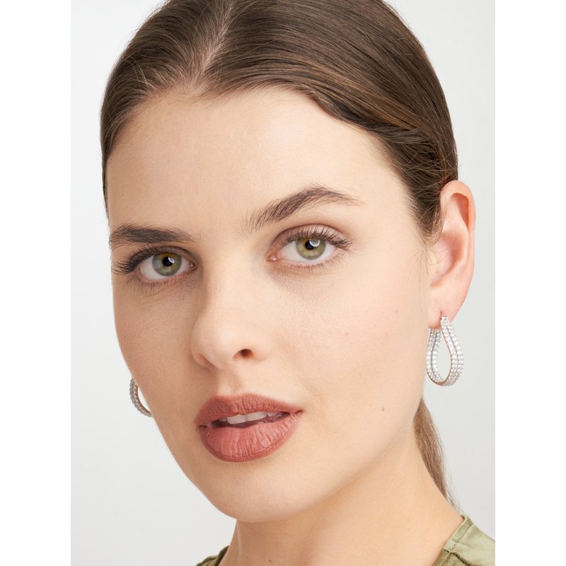 Sterling Silver Platinum Plated Wave Hoop Earrings with CZ Stones