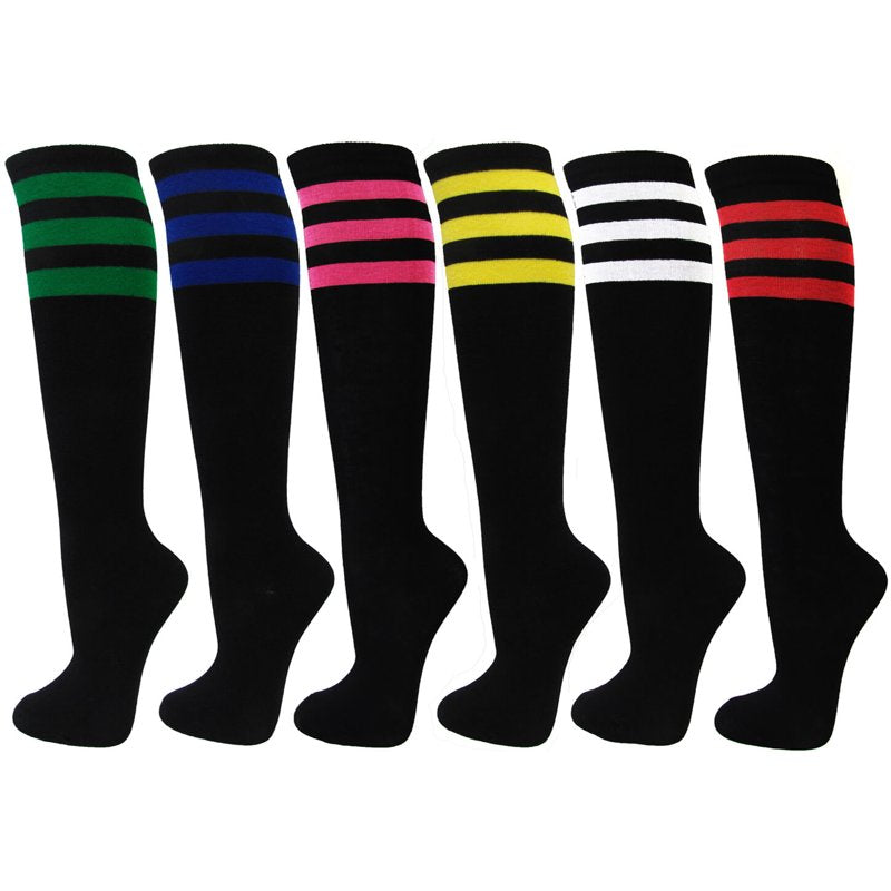 Knee High Cotton Socks with Stripes - Bulk Pack of 6 Pairs, Casual & Fashionable
