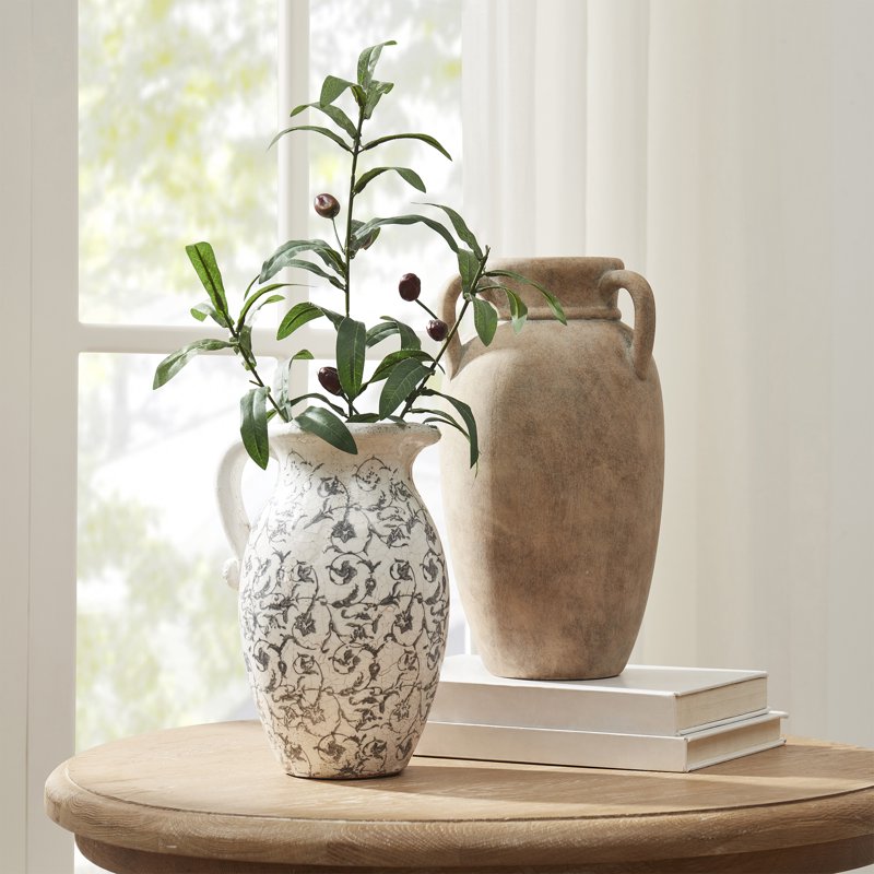 12-Inch Taupe Ceramic Vase with Handles - Farmhouse Decor Accent