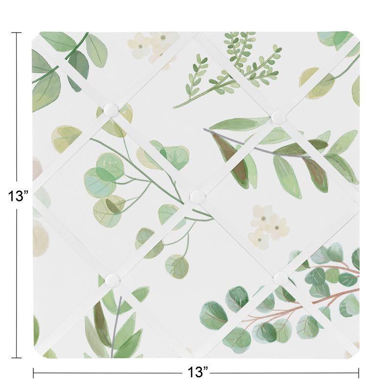 Green and White Fabric Memo Board with Button & Ribbon Border - 13x13 Inches