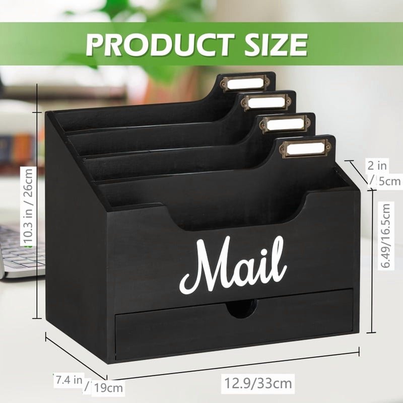 Wood Desk Mail Organizer with Drawer - Rustic Style Letter Holder & Sorter