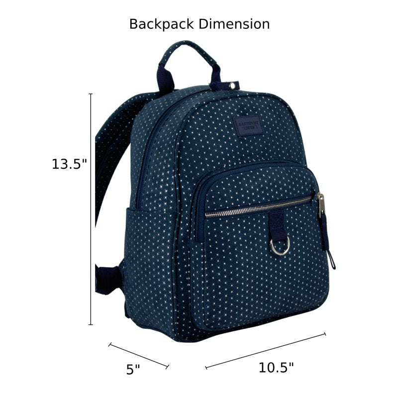 Mini Backpack for Travel and Daily Use with Secure Zipper Pockets - Navy Glitter Dots