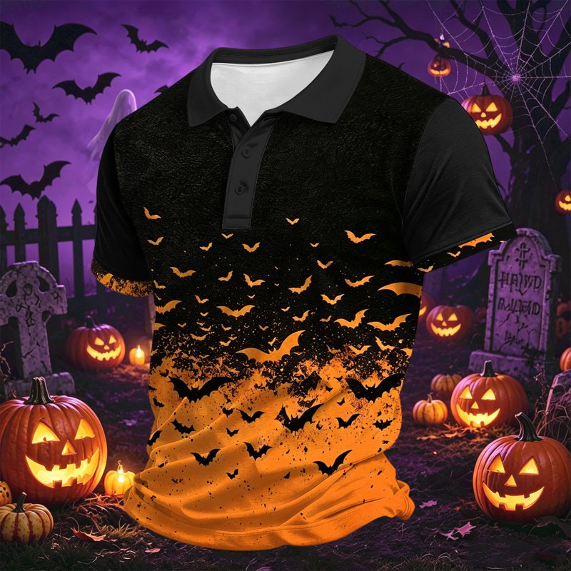 Men's Halloween Bat Print Polo Shirt Short Sleeve Casual Collared Top