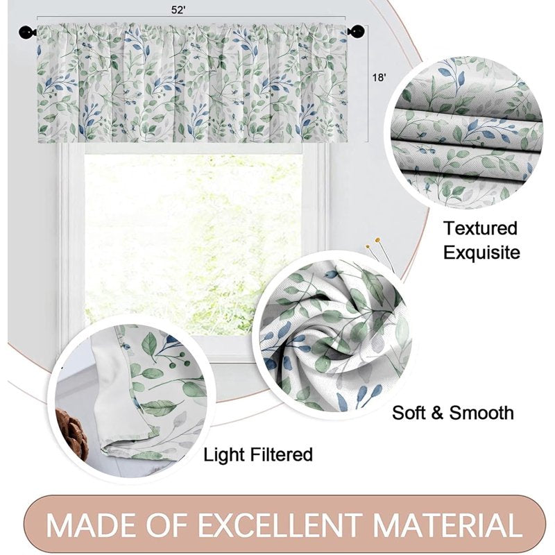 Set of 2 Valances for Windows, Botanical Green Leaves, 18x52 Inch, Adjustable Rod Pocket, Blackout Drapes for Living Room & Kitchen