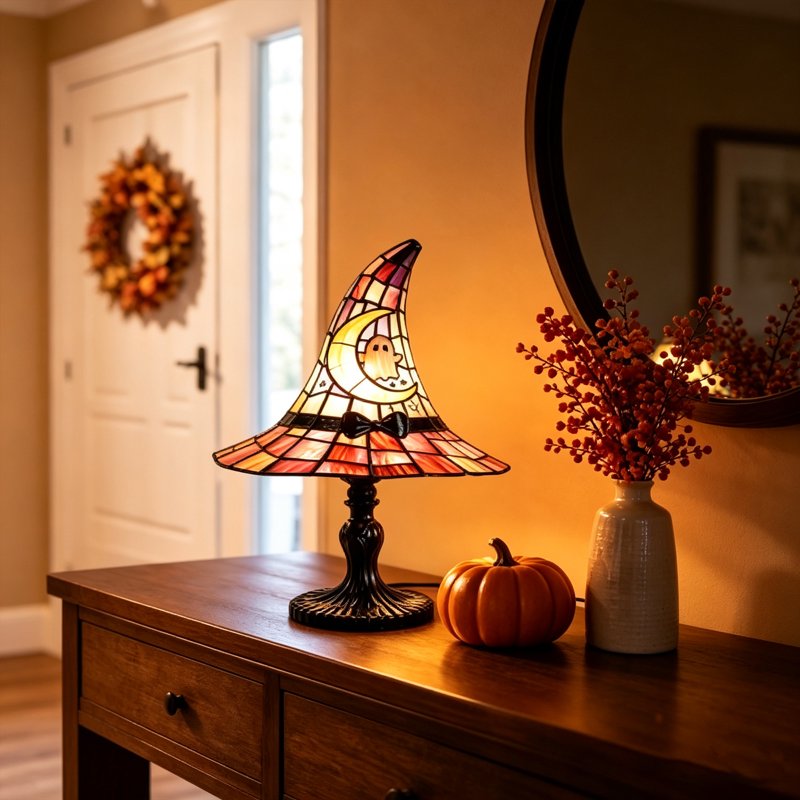 Stained Glass Witch Hat Lamp - Halloween Gothic Table Decor Night Light 11 Inch