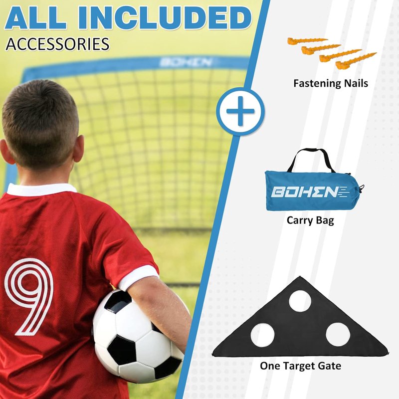 BOHEN 6x4 FT Portable Soccer Goal for Kids Blue with Net, Carry Bag & Ground Stakes - 2 Pack