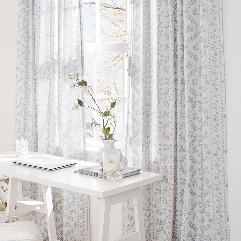 Delicate Floral Linen Blend Window Curtain Panels Pair - Neutral or Blue