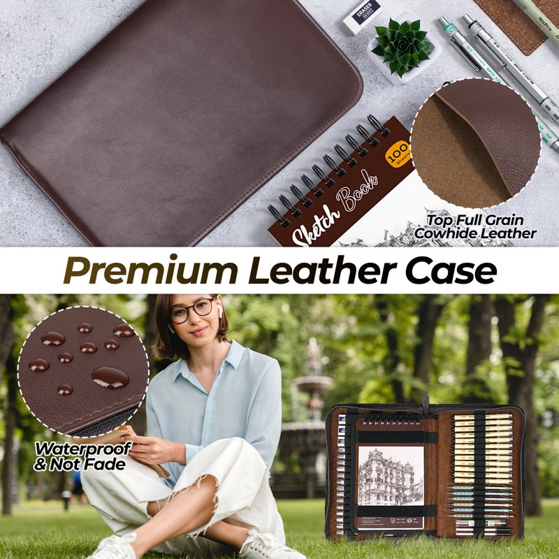 Art Drawing Supplies Kit with Leather Case - Mechanical Pencils, Micron Pens & Sketchbook