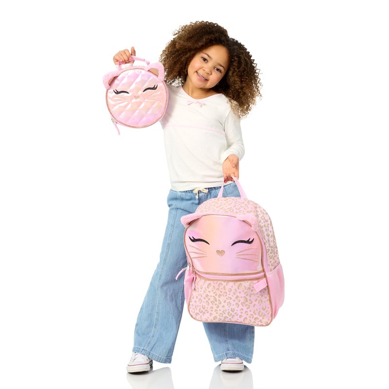 Kids Leopard Cat Backpack & Lunch Box Set - 17 Inch, Pink & Lavender Variants