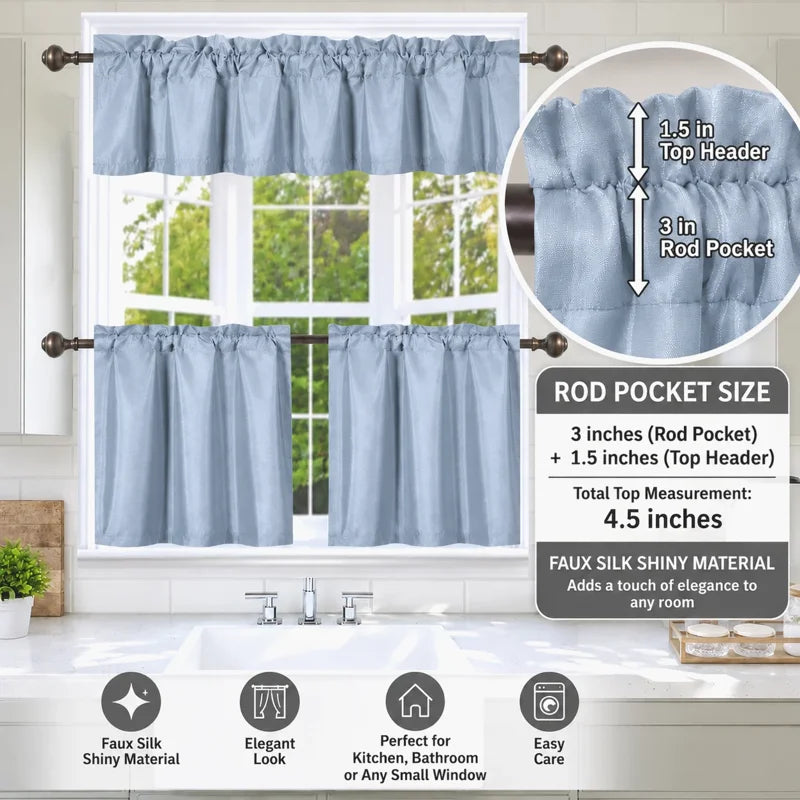 Faux Silk Blackout Kitchen Curtain Set - 3 Piece Window Treatment, Multiple Colors