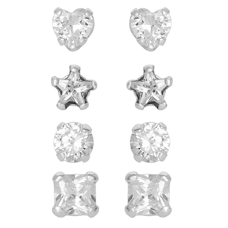 Girls Sterling Silver CZ Multi Stud Earring Set - 4 Pairs for Girls & Tweens