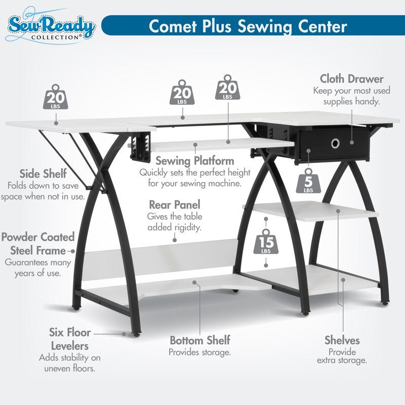 Adjustable Sewing Table with Storage and Foldable Shelf - Craft & Hobby Desk