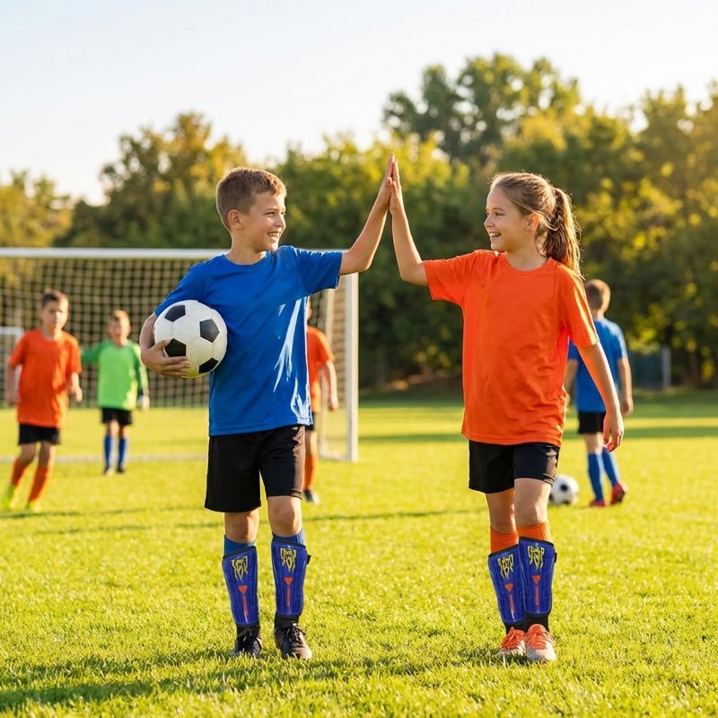 Vizari Blaze L Blue/Orange Soccer Shin Guards with Ankle Protection - Youth