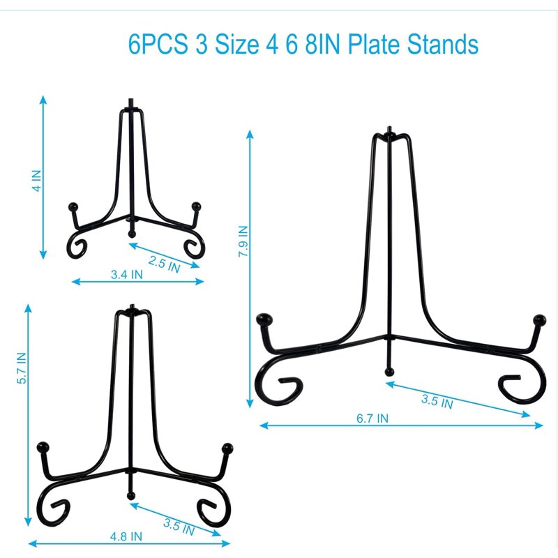 Set of 6 Black Iron Plate Stands for Display - 4, 6 & 8 Inch Decorative Metal Holders